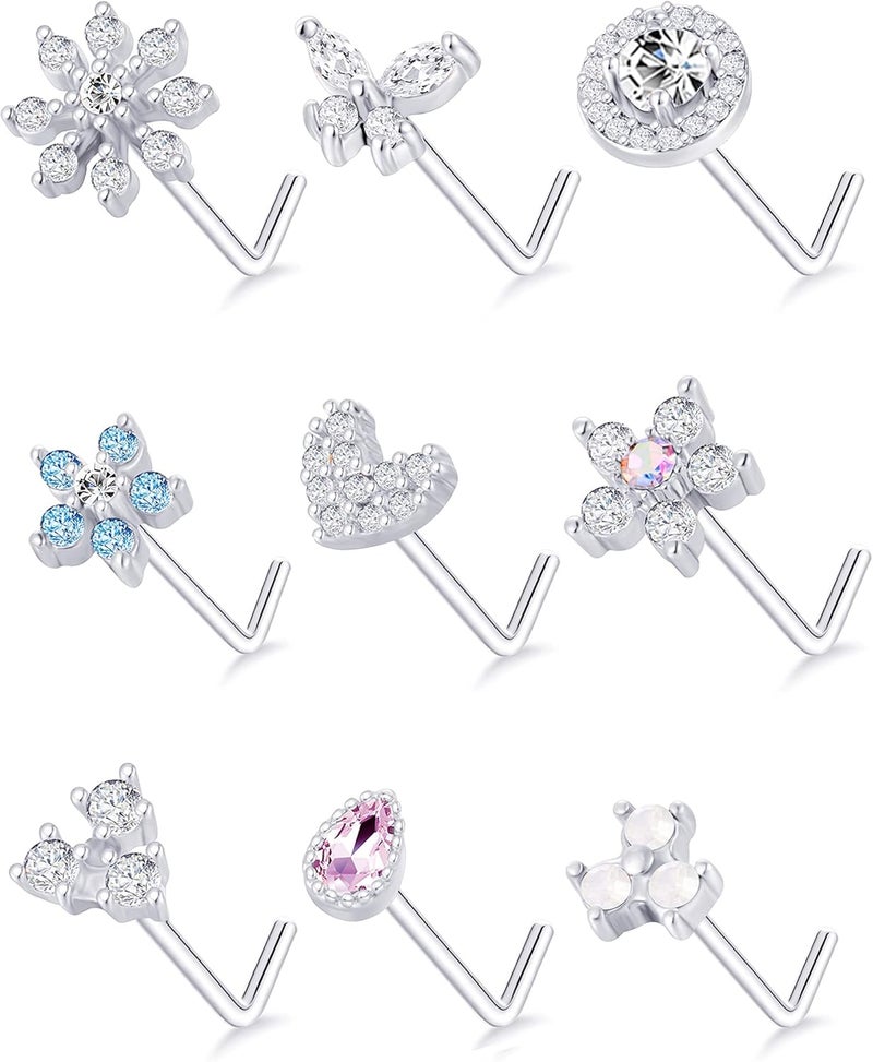 Tornito 9Pcs Nose Rings Stud L Bone Screw Shaped Nose Ring Flower CZ Snowflake Butterfly Screw Nose Stud Body Piercing Jewelry for Women Men 20G Silver Gold Rose Gold Tone - Image 1